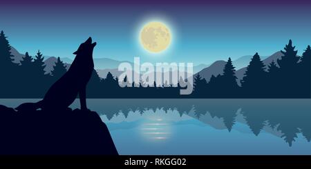 Le loup hurle à la pleine lune par la lake nature paysage vector illustration EPS10 Illustration de Vecteur