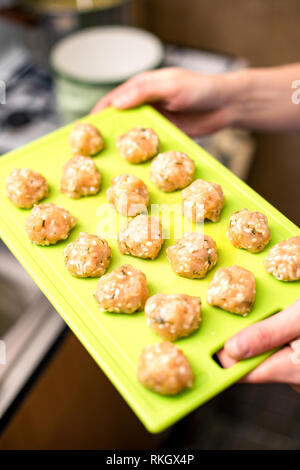 Personne avec des boulettes de viande sur un plateau dans la cuisine. Matières des boulettes avec la viande de poulet prêt à cuire Banque D'Images