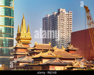 Temple bouddhiste de Jing'an à Shanghai, Chine, entouré de grands immeubles modernes. Banque D'Images