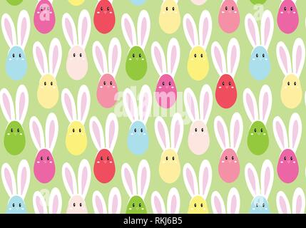 Joyeuses Pâques. Ensemble d'oeufs de Pâques avec des oreilles de lapin sur un fond vert clair. Vector Illustration pattern Illustration de Vecteur