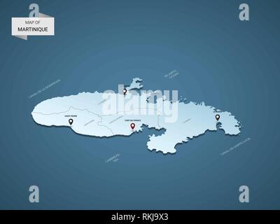 3D isométrique Martinique site, vecteur illustration avec les villes, les frontières, les capitaux, les divisions administratives et marques ; pointeur fond bleu dégradé. Illustration de Vecteur