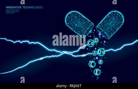 Complexe Multi Vitamines low poly capsule. Supplément de santé Soins de la peau anti-vieillissement bodybuilding pharmacie modèle de page. La coenzyme Q10 en 3D, A, B, C, D Illustration de Vecteur