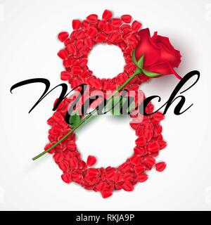 Carte de vœux pour le 8 mars. Womens heureux jour. Numéro 8 de pétales de rose. Fleurs réalistes. Composition romantique. Texte calligraphié. Vector illustration. Illustration de Vecteur