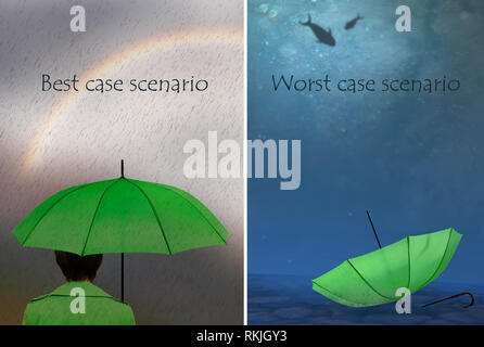 Les meilleurs et les pires scénarios. Femme avec parapluie,. Les affaires, la vie concept. Banque D'Images