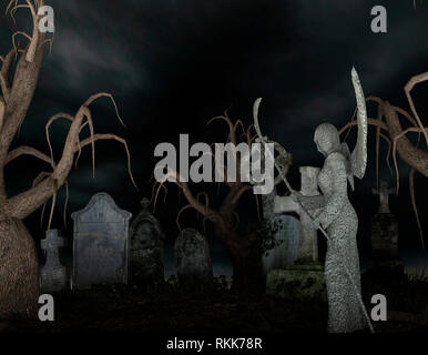 Ange de la mort dans un cimetière effrayant la nuit - le rendu 3D Banque D'Images