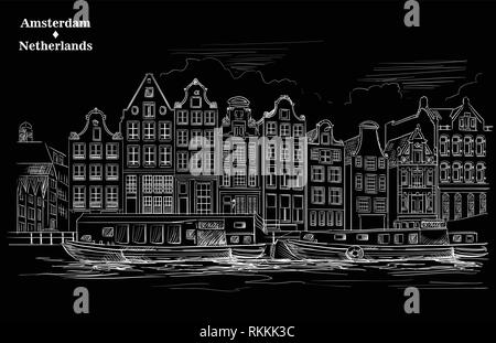 Maisons sur berge. Canal d'Amsterdam, Pays-Bas. Monument de Pays-bas. Vector illustration gravure en couleur blanc sur noir isolé backgrou Illustration de Vecteur