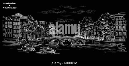 Pont sur les canaux d'Amsterdam, Pays-Bas. Monument de Pays-bas. Vector illustration gravure en couleur blanc isolé sur fond noir. Illustration de Vecteur