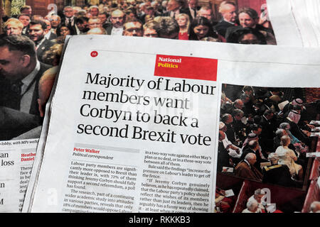 "Majorité de députés veulent du travail pour un deuxième retour Corbyn Brexit vote" gros titre de journal article du Guardian article janvier 2019 London UK Banque D'Images