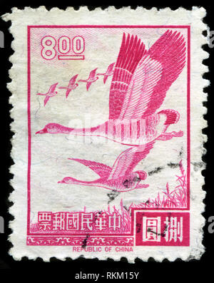 Timbre-poste de Taïwan dans le vol d'oies sauvages dans les lignes (1966) série émise en 1967 Banque D'Images