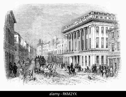 Dans les années 1825-1840 le centre de Newcastle-upon-Tyne, en Angleterre a été reconstruit. C'était surtout le travail de trois hommes, John Dobson, un architecte, Richard Grainger, un constructeur et John Clayton le greffier de la ville et tous les trois ont rues nommées d'après eux. Richard Grainger et John Dobson, construit la Royal Arcade dans un style grec classique au pied de Pilgrim Street. Avec ses coupoles et colonne en pierre, il est devenu un foyer de magasins, banques, bureaux, un bureau de poste, une salle de vente, et d'un hammam et bains de vapeur d'être salué comme le plus bel exemple de ce genre dans le pays. Banque D'Images