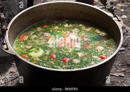 Soupe chaude fraîchement préparé dans le chaudron de suie feu de camp. Camping en plein air de la cuisson. Banque D'Images