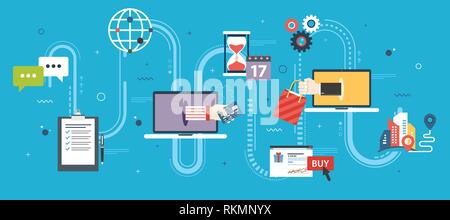 Magasin, boutique en ligne et e-commerce. Achat, vente, le paiement et la livraison de produit. E-commerce, achats en ligne, carte de crédit, ordinateur portable, support et deliv Illustration de Vecteur
