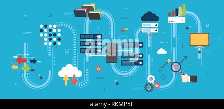 Serveur de réseau d'ordinateurs et l'intelligence d'affaires.Système de sécurité de base de données. L'analyse du trafic de données de sauvegarde. Le Big Data et le cloud computing banner conc Illustration de Vecteur
