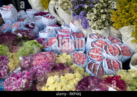 Bangkok, Thaïlande, bouquets de fleurs enveloppées dans un papier au Pak Khlong talat marché aux fleurs Banque D'Images