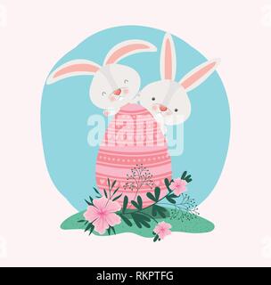 Le lapin mignon avec oeuf peint et des fleurs dans le jardin Illustration de Vecteur