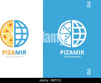 Logo vectoriel et pizza planet combinaison. Pizzeria et unique modèle de conception de logo globe. Illustration de Vecteur