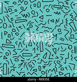 Dessiner à main motif géométrique noir memphis 80's-90's styles sur fond bleu. Vector Illustration Illustration de Vecteur