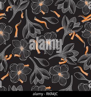 Safran et Orange détaillée Fleurs Crocus Dessin motif transparent sur fond noir Illustration de Vecteur