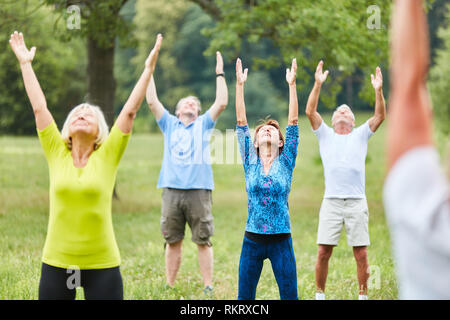 Les aînés actifs faisant l'étirement en bonne santé dans un cours de remise en forme de réhabilitation en été Banque D'Images