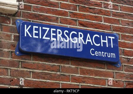 Amsterdam, Pays-Bas - nom de rue signe. Canal Keizersgracht. Banque D'Images