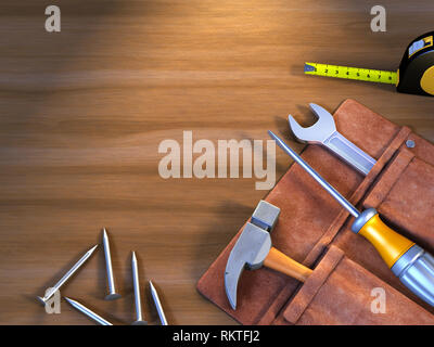Outils assortis sur une surface en bois avec l'exemplaire de l'espace. 3D illustration. Banque D'Images