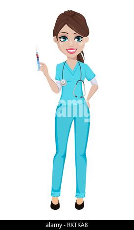 Médecin femme tenant la seringue. La médecine, les soins de concept. Beau personnage. Vector illustration. Illustration de Vecteur