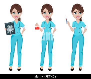 Médecin femme, ensemble de trois poses. La médecine, les soins de concept. Beau personnage de holding x-ray image, holding flask et holding syr Illustration de Vecteur