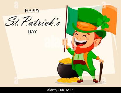 Saint Patrick day Greeting card avec drôle de lutin hat. Cute cartoon character holding Irlande drapeau. Vector illustration Illustration de Vecteur