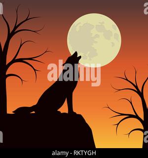 Le loup hurle à la pleine lune orange et brun EPS10 vector illustration paysage Illustration de Vecteur