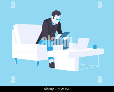 Illustration d'un homme assis sur le canapé holding tablet dans sa main la navigation sur internet Banque D'Images