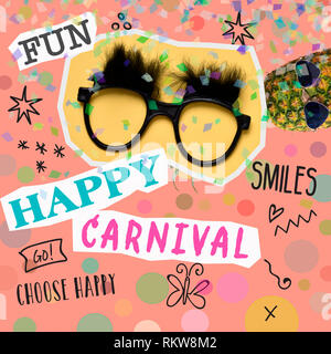Happy carnaval, comme papier découpé, une paire de lunettes noires avec de faux sourcils, un ananas avec des lunettes de soleil, sur un fond rose à motifs de ge Banque D'Images