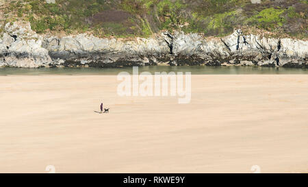 Une vue panoramique d'un chien lointain walker et un chien marche sur plage de Crantock en Newquay en Cornouailles. Banque D'Images