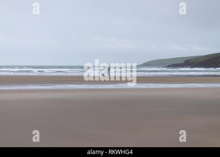 Inchydoney, West Cork, Irlande, le 12 février 2019 Malgré un vent mordant et arroser tous les jours un pêcheur solitaire Sean og McShane qui a représenté l'Irlande en compétition tente sa chance pour la pêche sur la basse plage Inchydoney. Banque D'Images