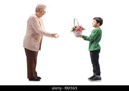 Profil de toute la longueur d'un petit-fils donnant des fleurs à sa grand-mère isolé sur fond blanc Banque D'Images