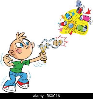 L'illustration présente cartoon boy bully, qui tire sur une fronde de canettes vides. Illustration faite sur des calques distincts. Illustration de Vecteur