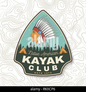 Kayak Club. Vecteur. Concept pour patch, d'un insigne, shirt, impression, stamp ou tee. Typographie vintage design avec American Indian silhouette. Eau extrême sport. Emblèmes de l'aventure de plein air, kayak de correctifs. Illustration de Vecteur