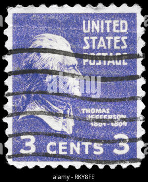 USA - VERS 1938 : timbre imprimé aux États-Unis présente le portrait d'un Thomas Jefferson (1743-1826), série, vers 1938 Banque D'Images