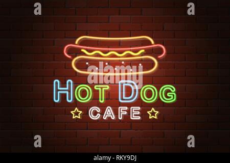Néon lumineux pancarte hotdog cafe vector illustration sur fond brique Illustration de Vecteur