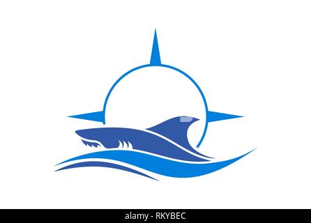 Logo requin mer boussole abstract vector icon concept design plat Banque D'Images