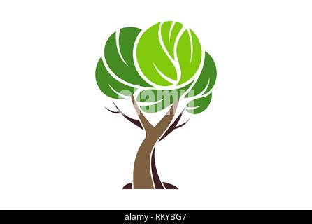 Logo arbre plante icône verte concept vecteur modèle plat Banque D'Images