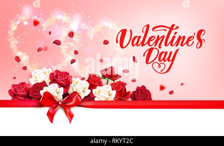 Valentines Day vector banner. Happy valentines day carte postale avec des coeurs roses, des éléments de forme et ruban. Maison de décor vecteur éléments. Illustration de Vecteur