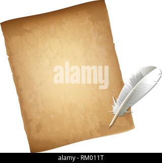 Old Vintage Papier usé et Vierge Stylo-plume blanc isolé sur fond blanc. Texture de lettre. Plume et Papyrus. Illus vectorielles très détaillées Illustration de Vecteur