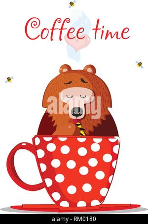 Coffee Time Vector Illustration. Cute Cartoon ours assis de caractères en rouge avec motif à pois et de manger du miel doux avec patte. Les abeilles voler Ar Illustration de Vecteur
