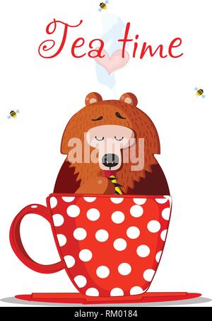 L'heure du thé l'illustration vectorielle. Cute Cartoon ours assis de caractères en rouge Mug à pois l'ornement et de manger du miel doux avec patte. Les abeilles voler Arou Illustration de Vecteur