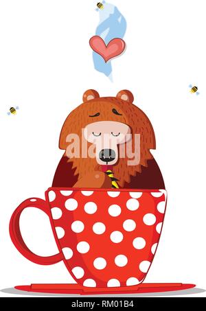 Cute Cartoon Caractère ours assis à l'intérieur de la Coupe rouge avec motif à pois et lécher avec patte de miel sucré. Les abeilles s'envolent. Au coeur de la vapeur Illustration de Vecteur