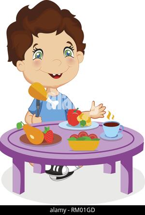 Smiling Funny Cartoon garçon aux cheveux bruns et les yeux bleus Chiken manger assis à table avec différents aliments comme les fruits, légumes isolated on White Backg Illustration de Vecteur