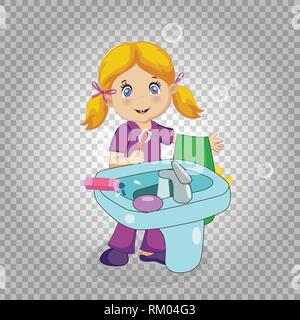 Petite fille blonde aux yeux bleus caractère brossage des dents au lavabo de salle de bains isolé sur fond transparent. Brosse à dent et une serviette à la main. Les enfants Illustration de Vecteur