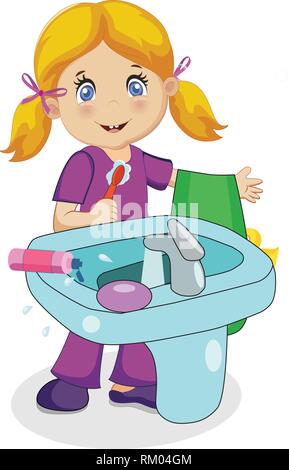 Cute Smiling Baby Girl personnage avec des cheveux blonds se brosser les dents à l'évier de salle de bains isolé sur fond blanc. Brosse à dent et une serviette à la main. Enfant Illustration de Vecteur