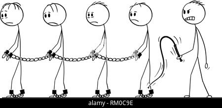 Caricature de la ligne d'esclaves marcher dans les chaînes et maître des esclaves avec whip Illustration de Vecteur