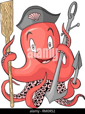 L'ancre avec octopus cartoon caractère coloré isolated on white Illustration de Vecteur